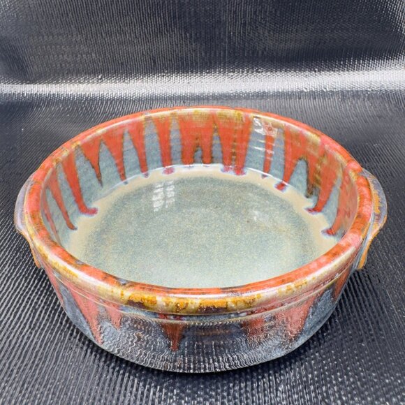Beaver Creek Pottery Heavy Drip Glaze Dish Bowl With Handles Signed Stoneware - Picture 9 of 11